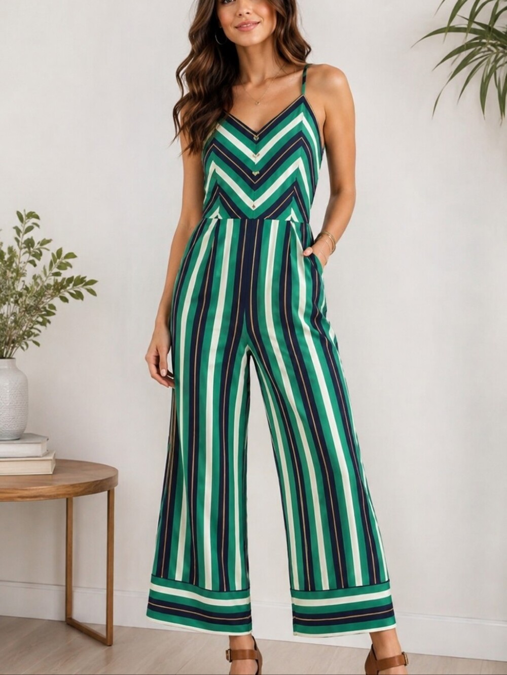 Blu Pepper Striped Wide Leg Jumpsuit Green Blue Strappy S M
